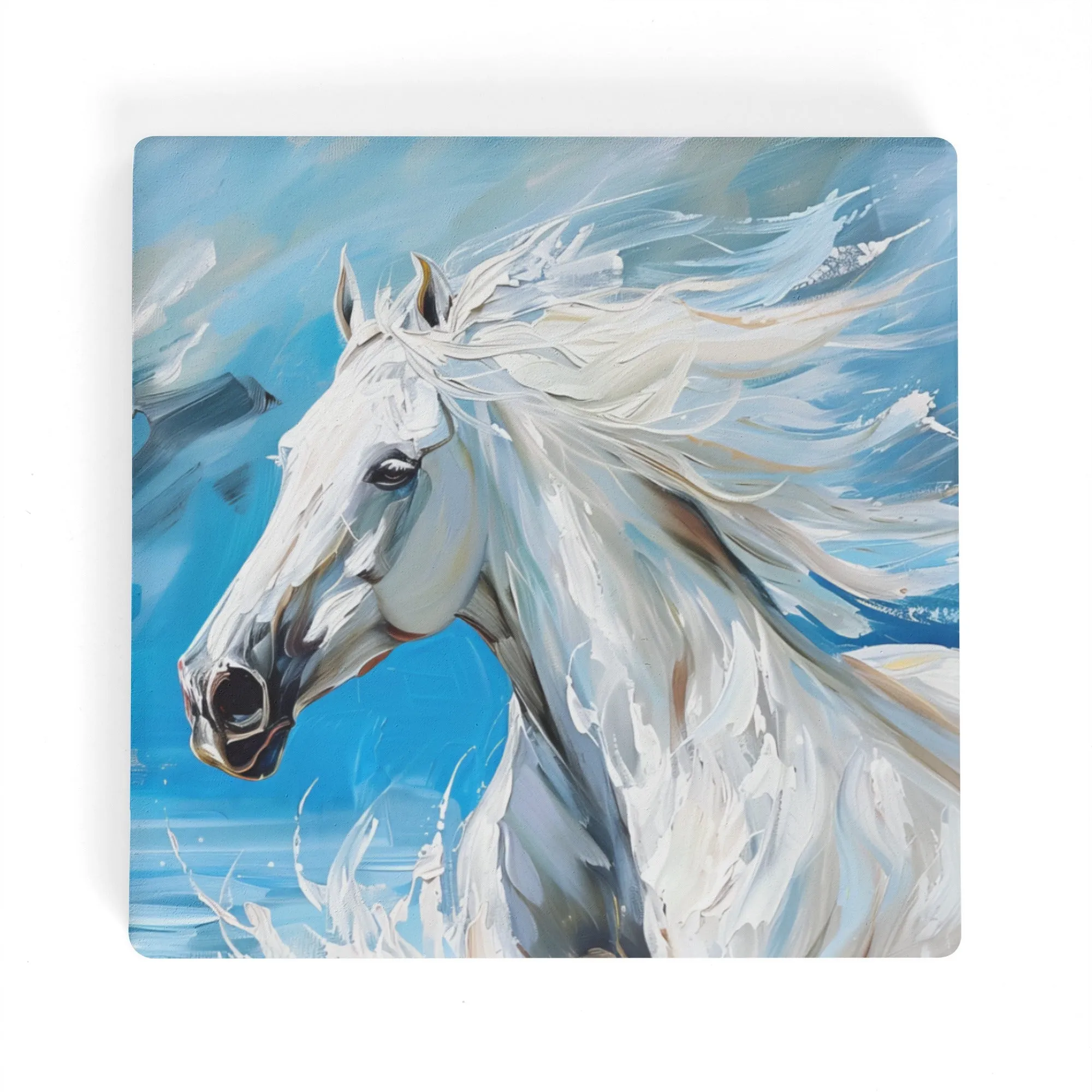 Majestic White Stallion Galloping Along the Ocean's Edge Print Square Ceramic Coasters - Set of 4