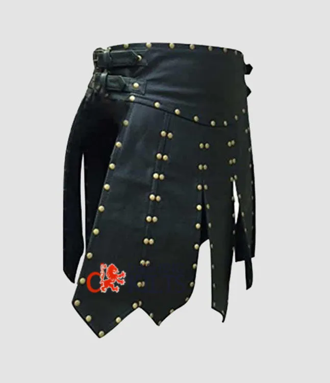Men Black Leather Gladiator Kilt