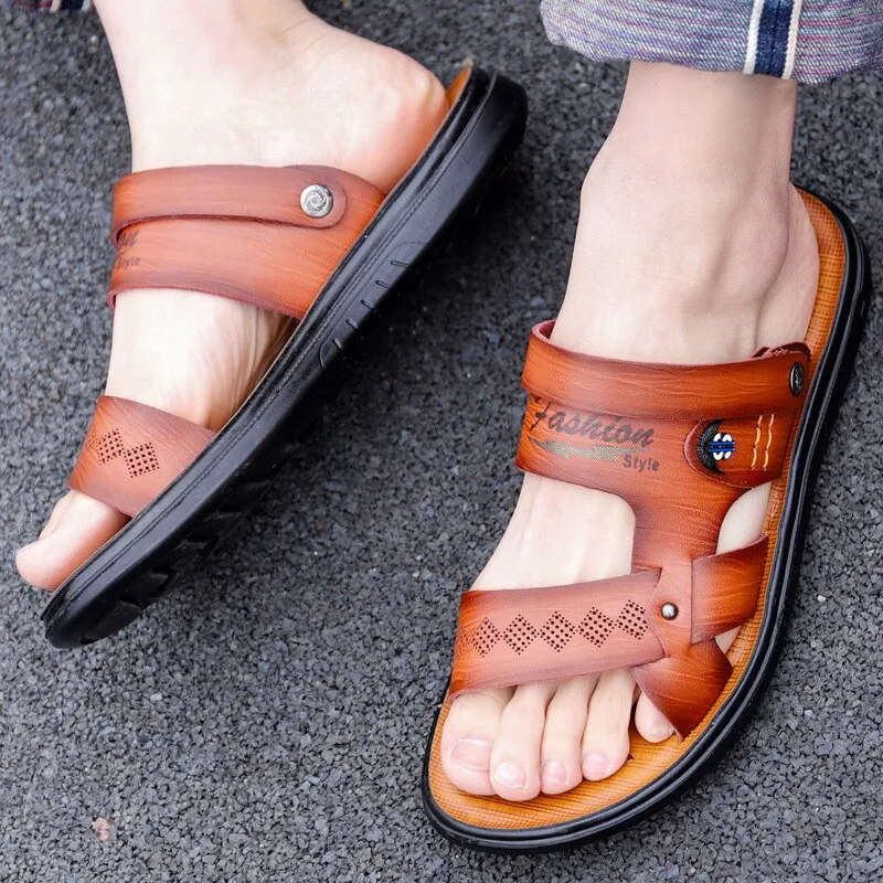 Men's Summer New Sandals and Slippers Men's Leather Sandals Adult Men's Thick-soled Beach Shoes Open-toe Leather Sandals