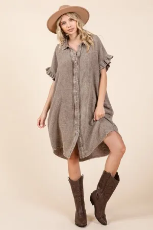 Mineral Washed Cotton Gauze Shirt Dress with Ruffle Sleeves