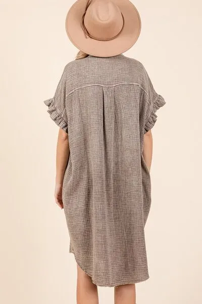 Mineral Washed Cotton Gauze Shirt Dress with Ruffle Sleeves