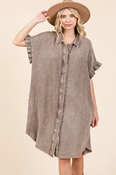 Mineral Washed Cotton Gauze Shirt Dress with Ruffle Sleeves