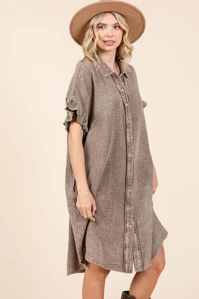 Mineral Washed Cotton Gauze Shirt Dress with Ruffle Sleeves