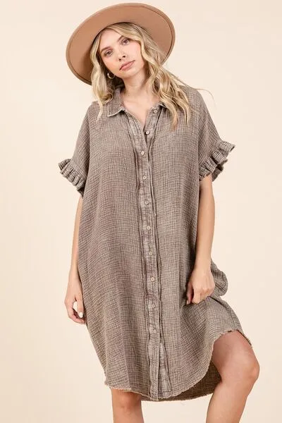 Mineral Washed Cotton Gauze Shirt Dress with Ruffle Sleeves