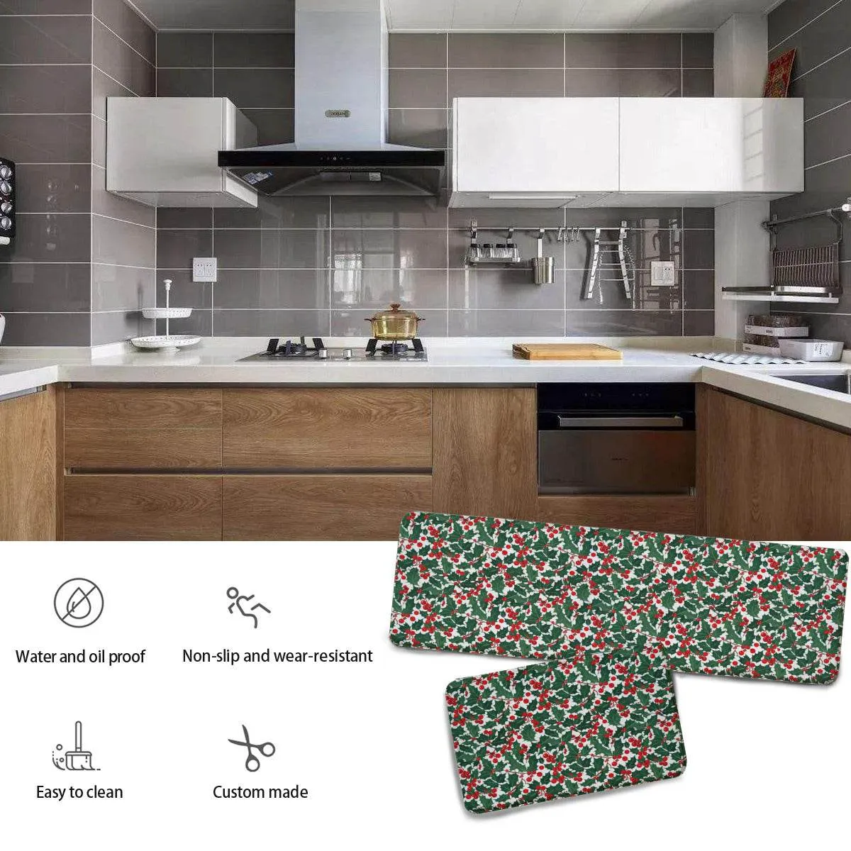 Non-slip two-piece M kitchen mat | Flannel - ChristmasHolly3-1