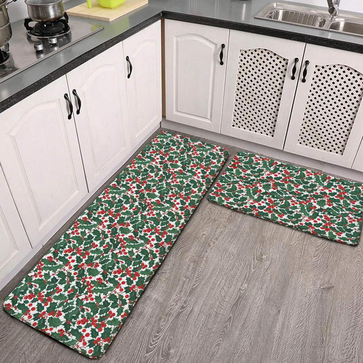 Non-slip two-piece M kitchen mat | Flannel - ChristmasHolly3-1