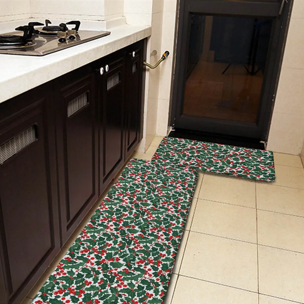 Non-slip two-piece M kitchen mat | Flannel - ChristmasHolly3-1