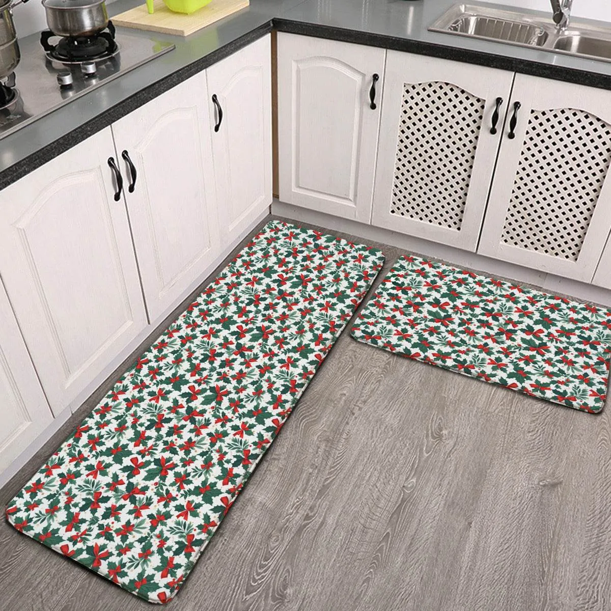 Non-slip two-piece M kitchen mat | Flannel - HollyBow1-1