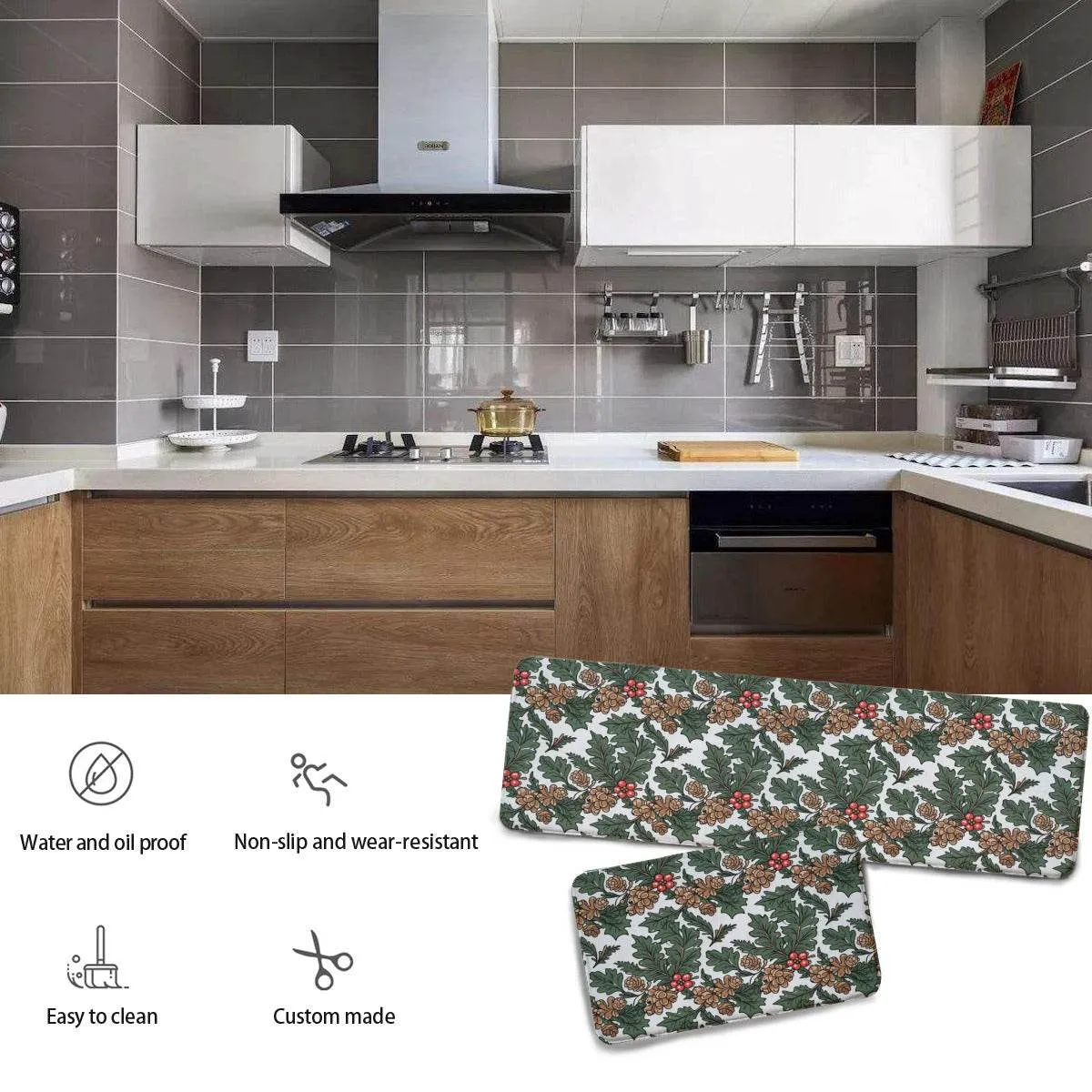 Non-slip two-piece M kitchen mat | Flannel - pineHolly2-1