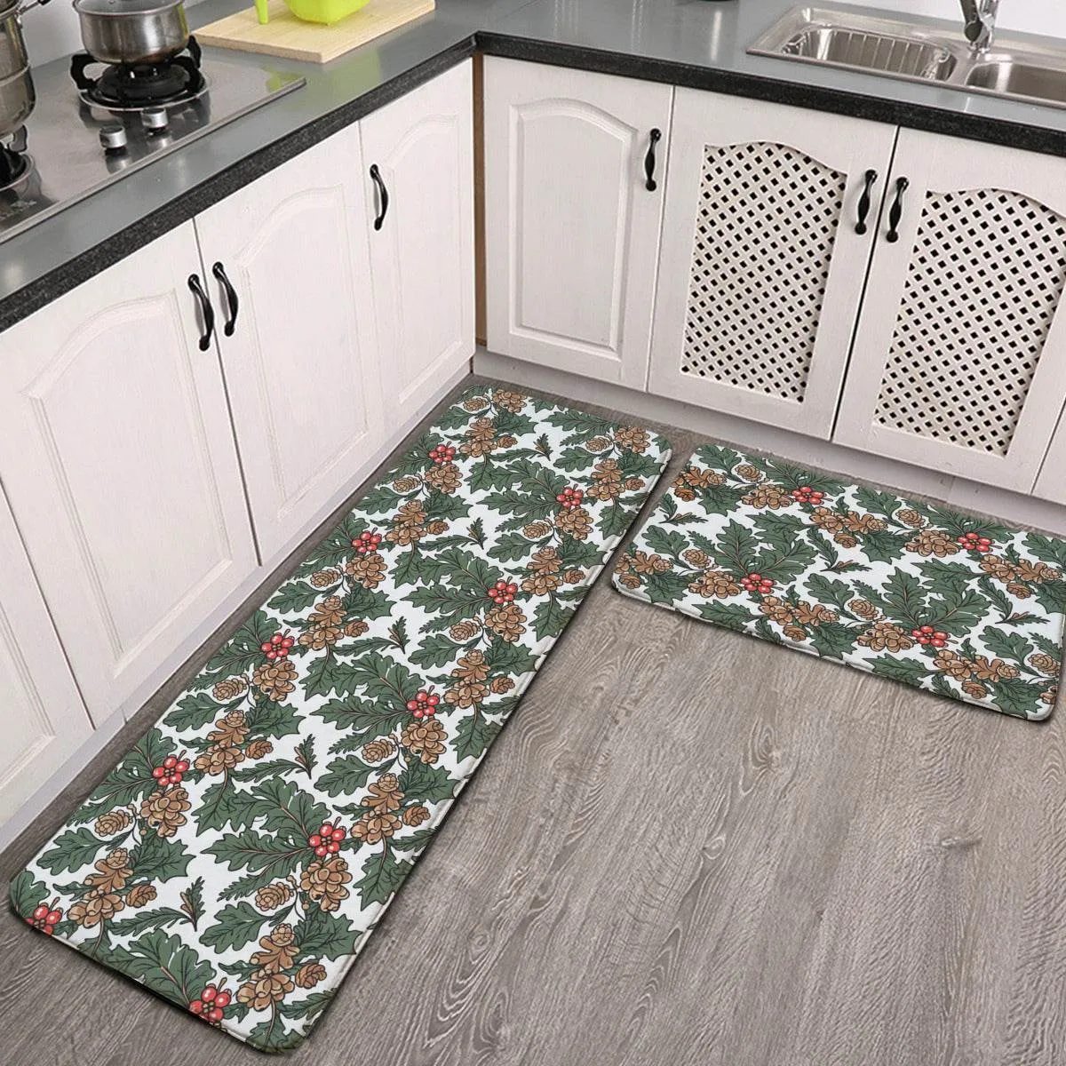 Non-slip two-piece M kitchen mat | Flannel - pineHolly2-1