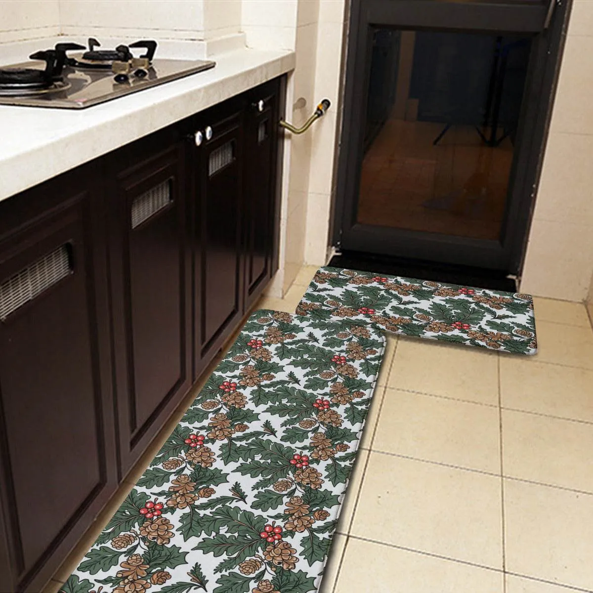 Non-slip two-piece M kitchen mat | Flannel - pineHolly2-1