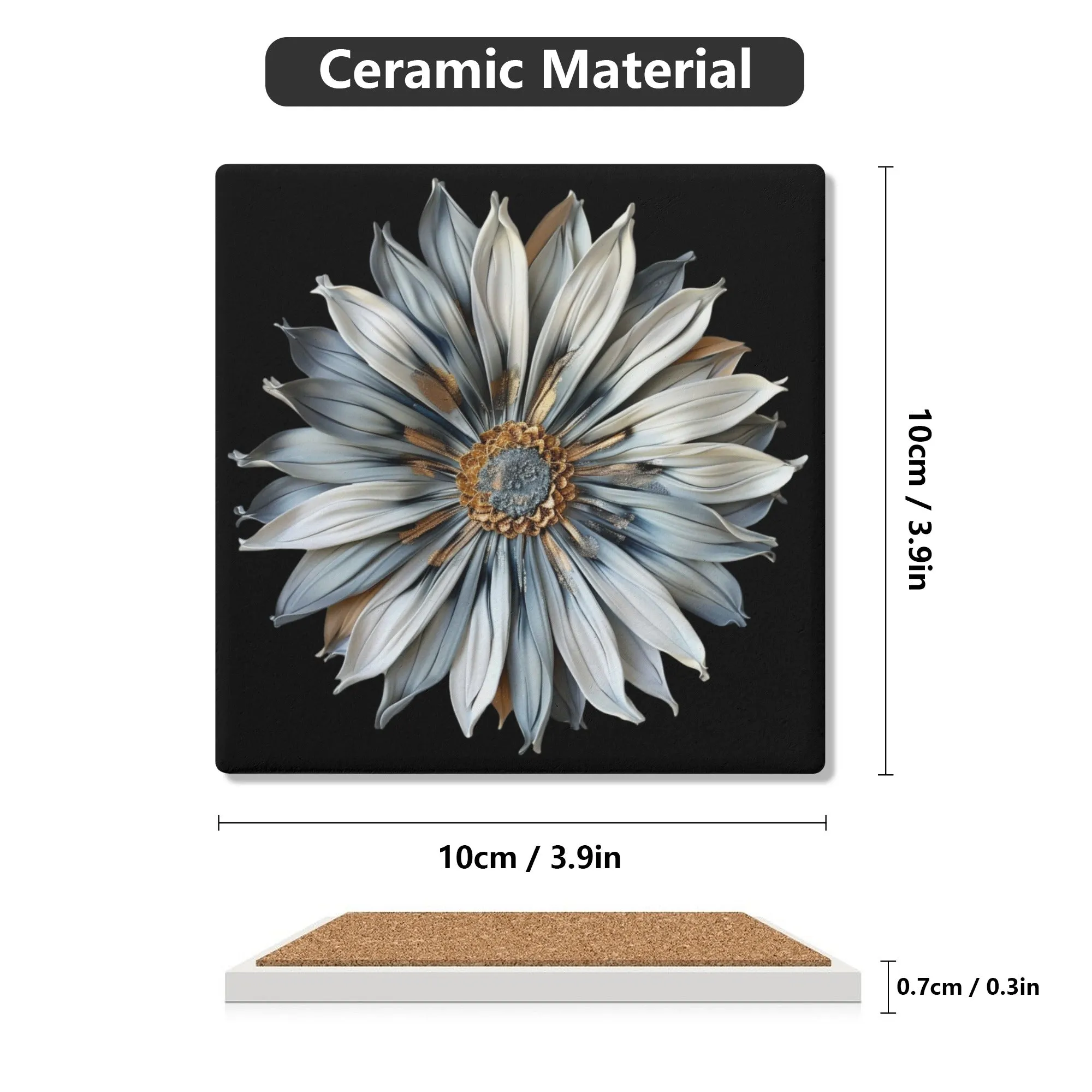 Pale Blue and Gold Sculpted Daisy on Black Background Square Ceramic Coasters - Set of 4