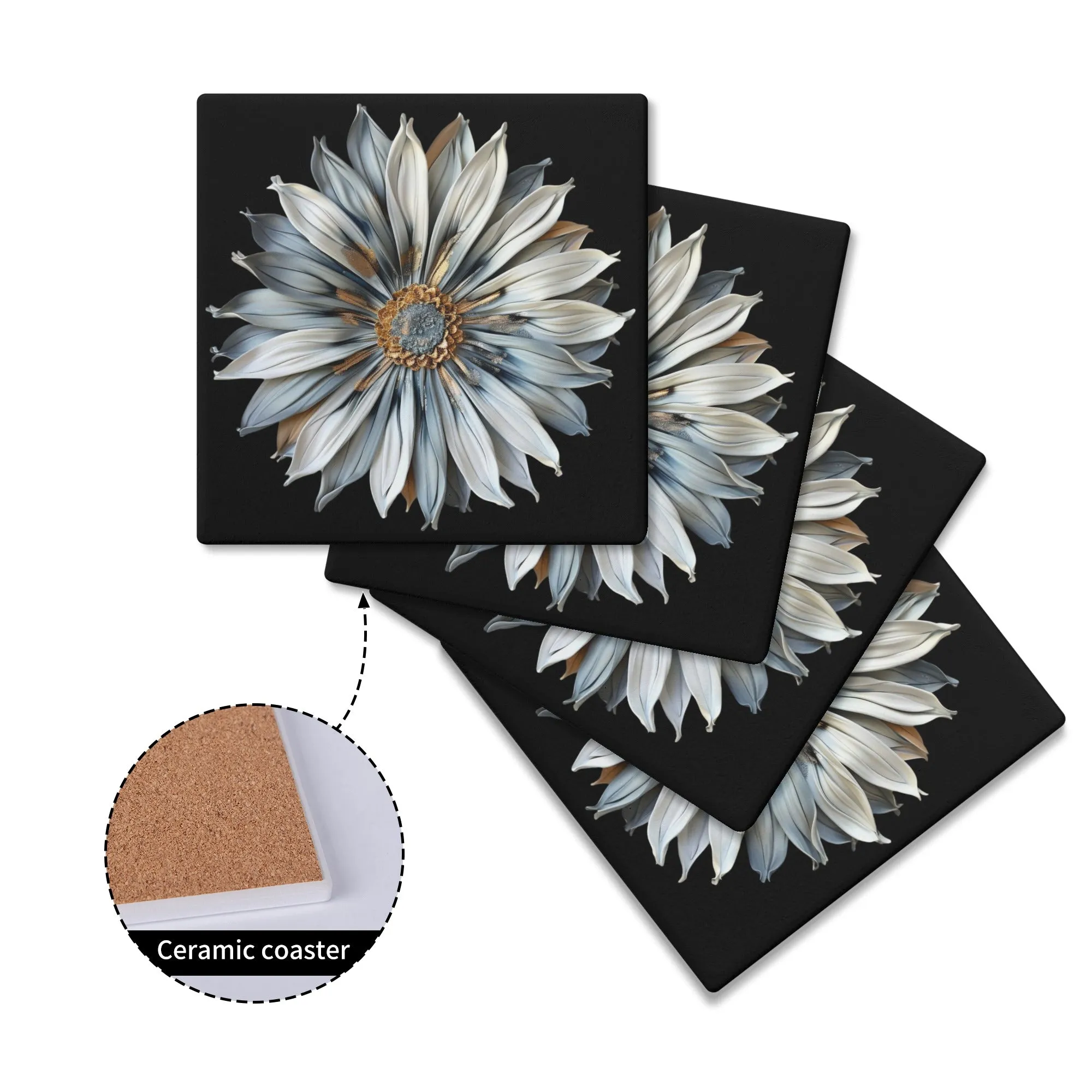 Pale Blue and Gold Sculpted Daisy on Black Background Square Ceramic Coasters - Set of 4