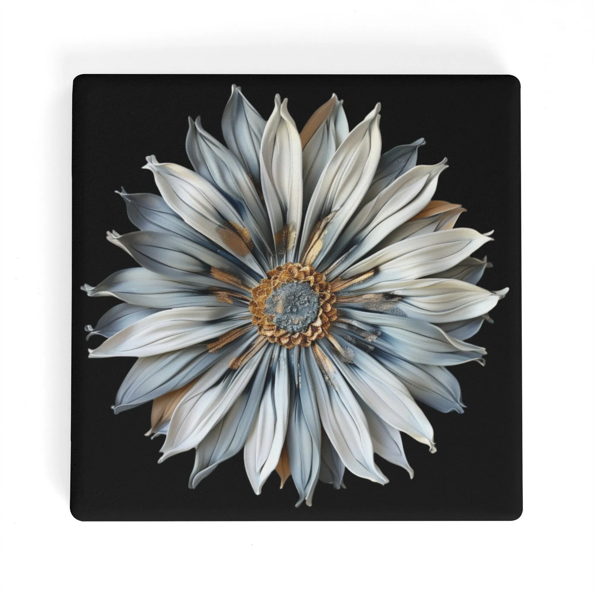 Pale Blue and Gold Sculpted Daisy on Black Background Square Ceramic Coasters - Set of 4