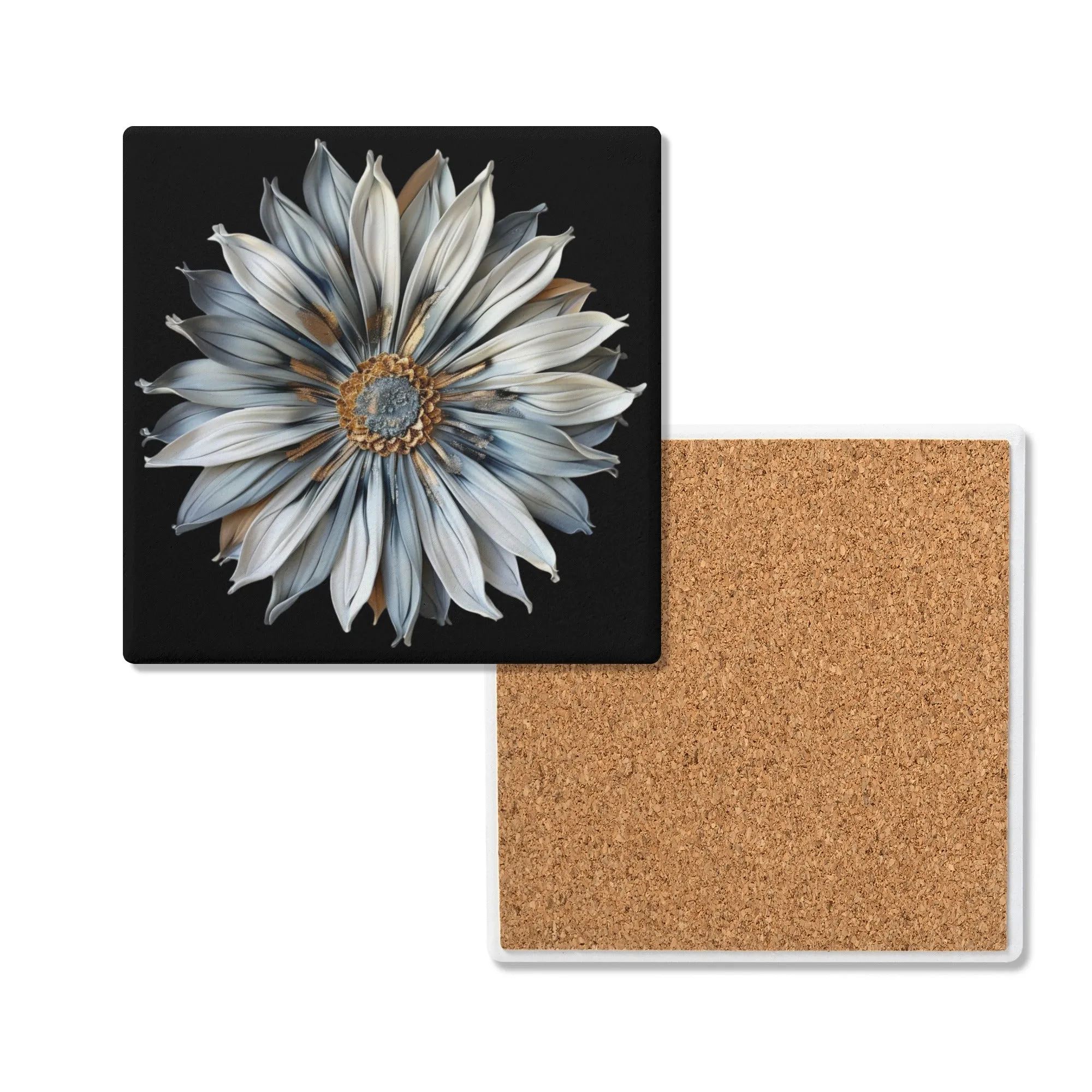 Pale Blue and Gold Sculpted Daisy on Black Background Square Ceramic Coasters - Set of 4