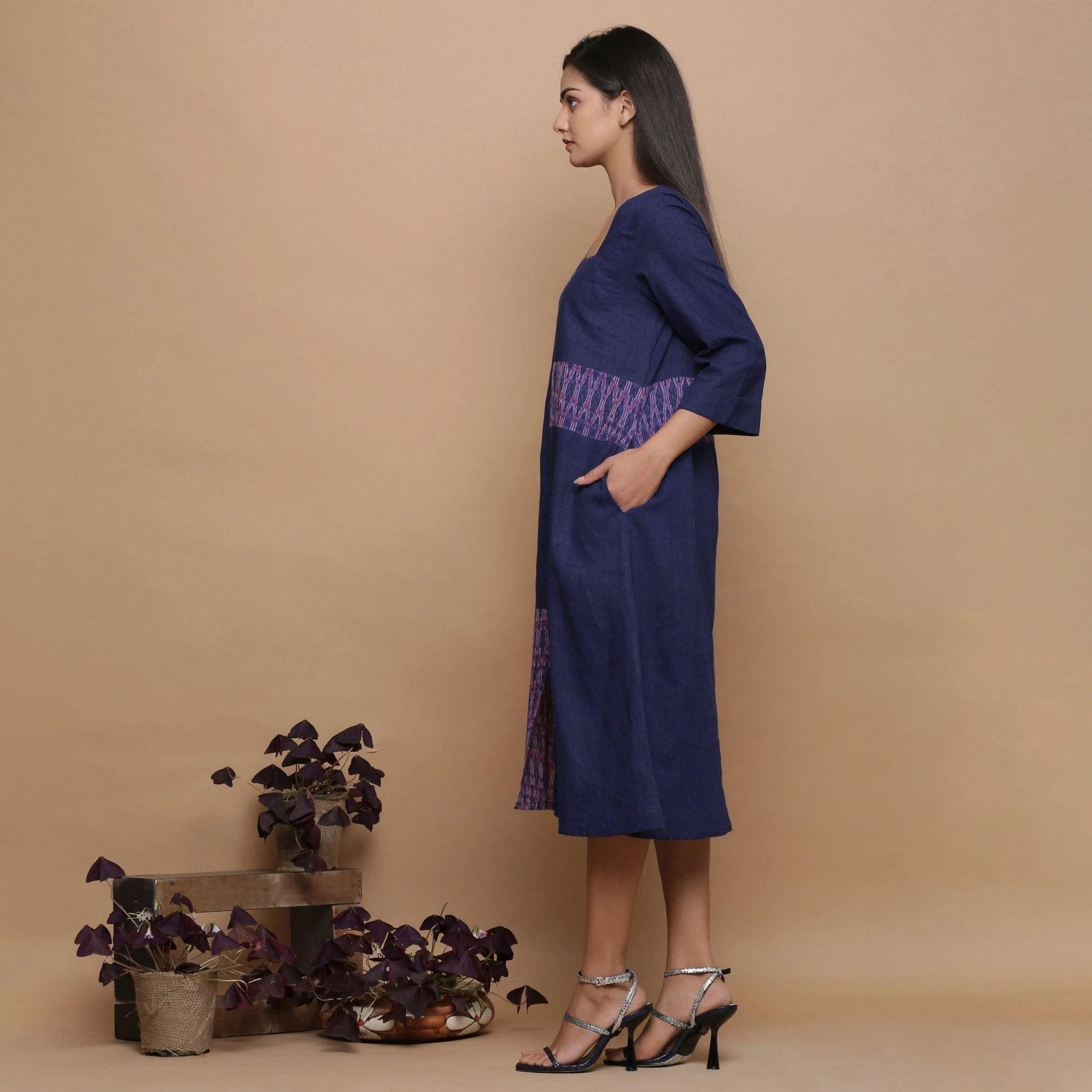 Paneled Ikat Navy Blue Cotton Muslin Midi Paneled Dress