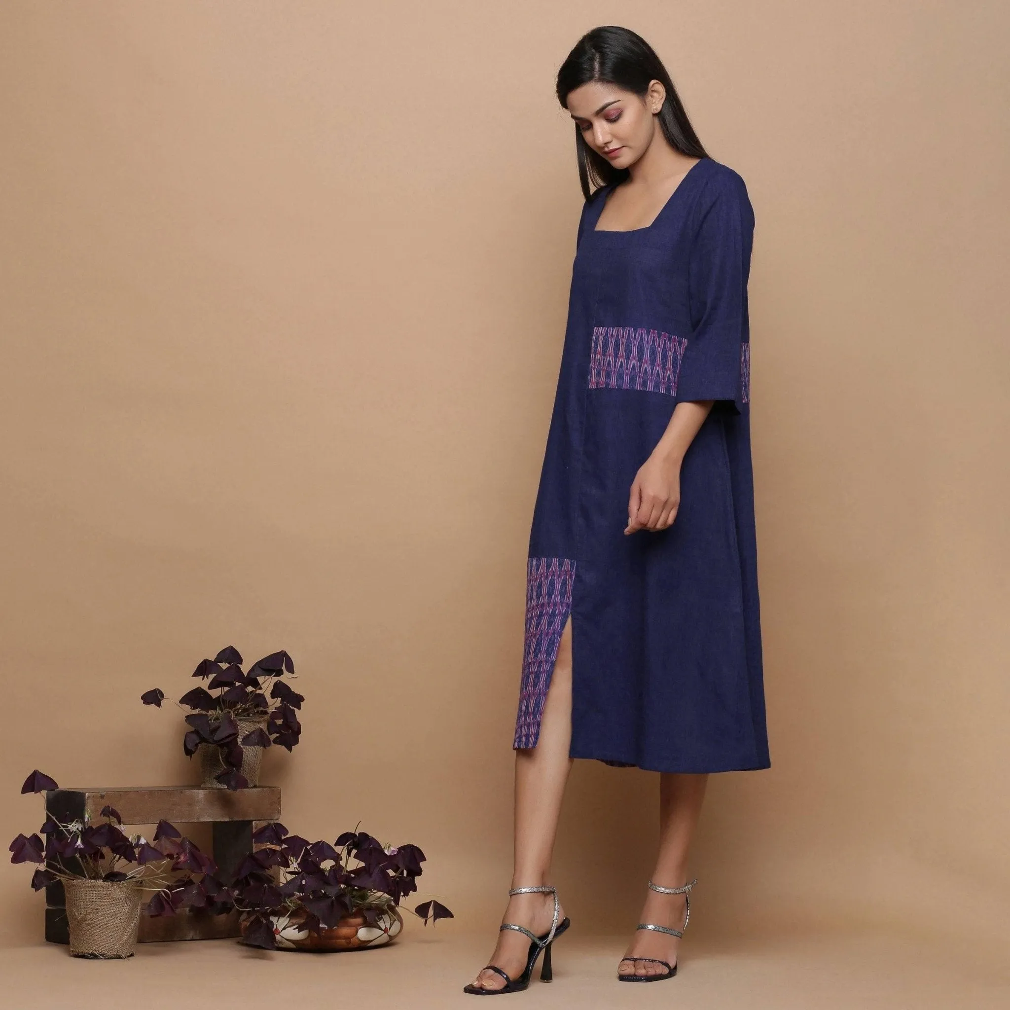 Paneled Ikat Navy Blue Cotton Muslin Midi Paneled Dress
