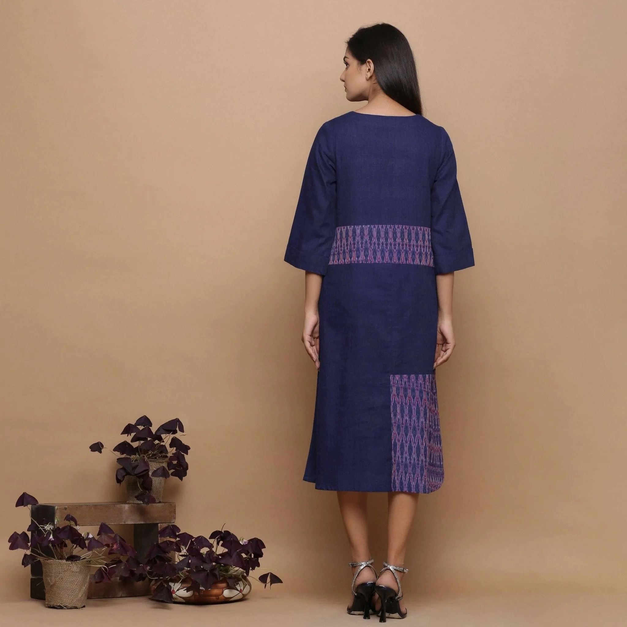 Paneled Ikat Navy Blue Cotton Muslin Midi Paneled Dress