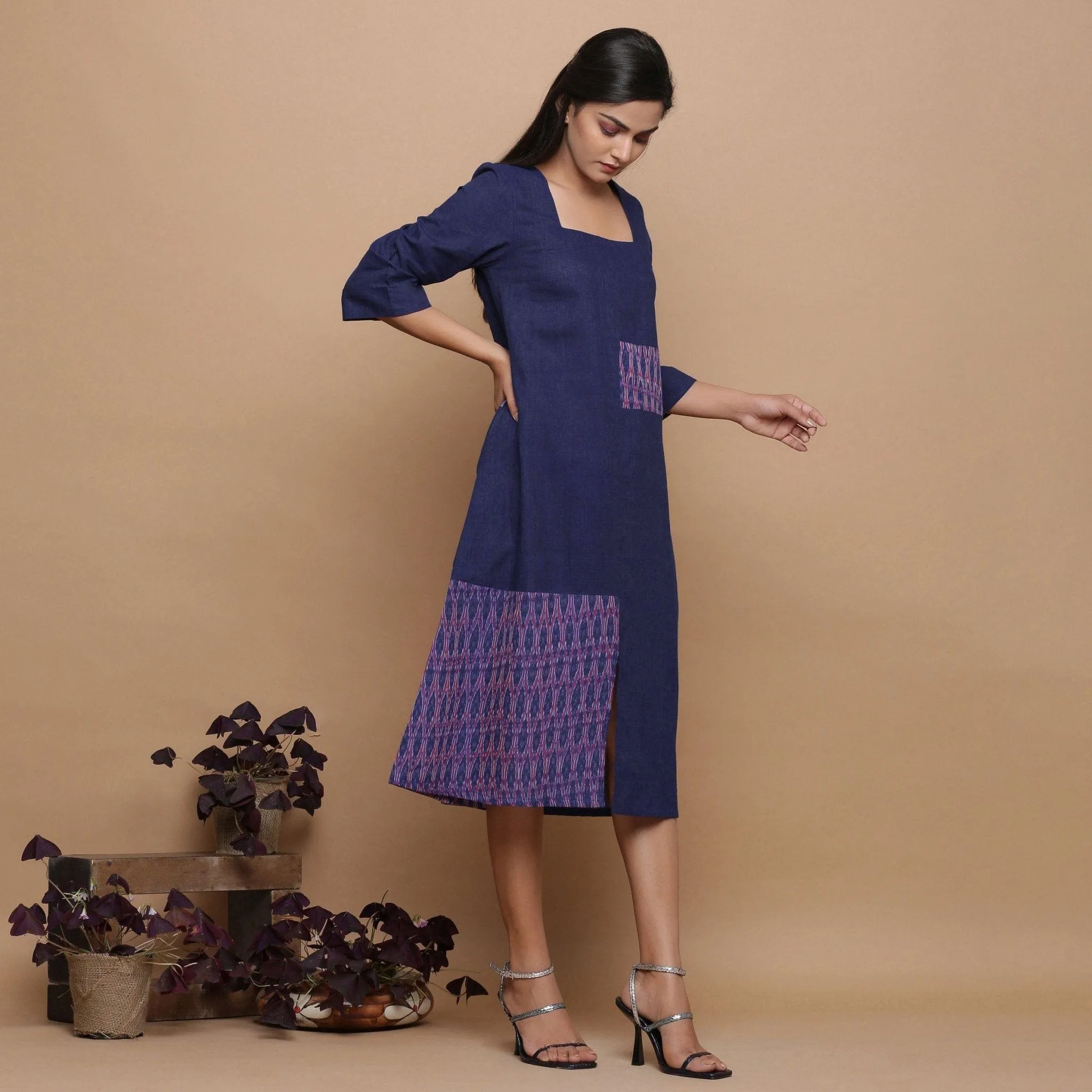 Paneled Ikat Navy Blue Cotton Muslin Midi Paneled Dress