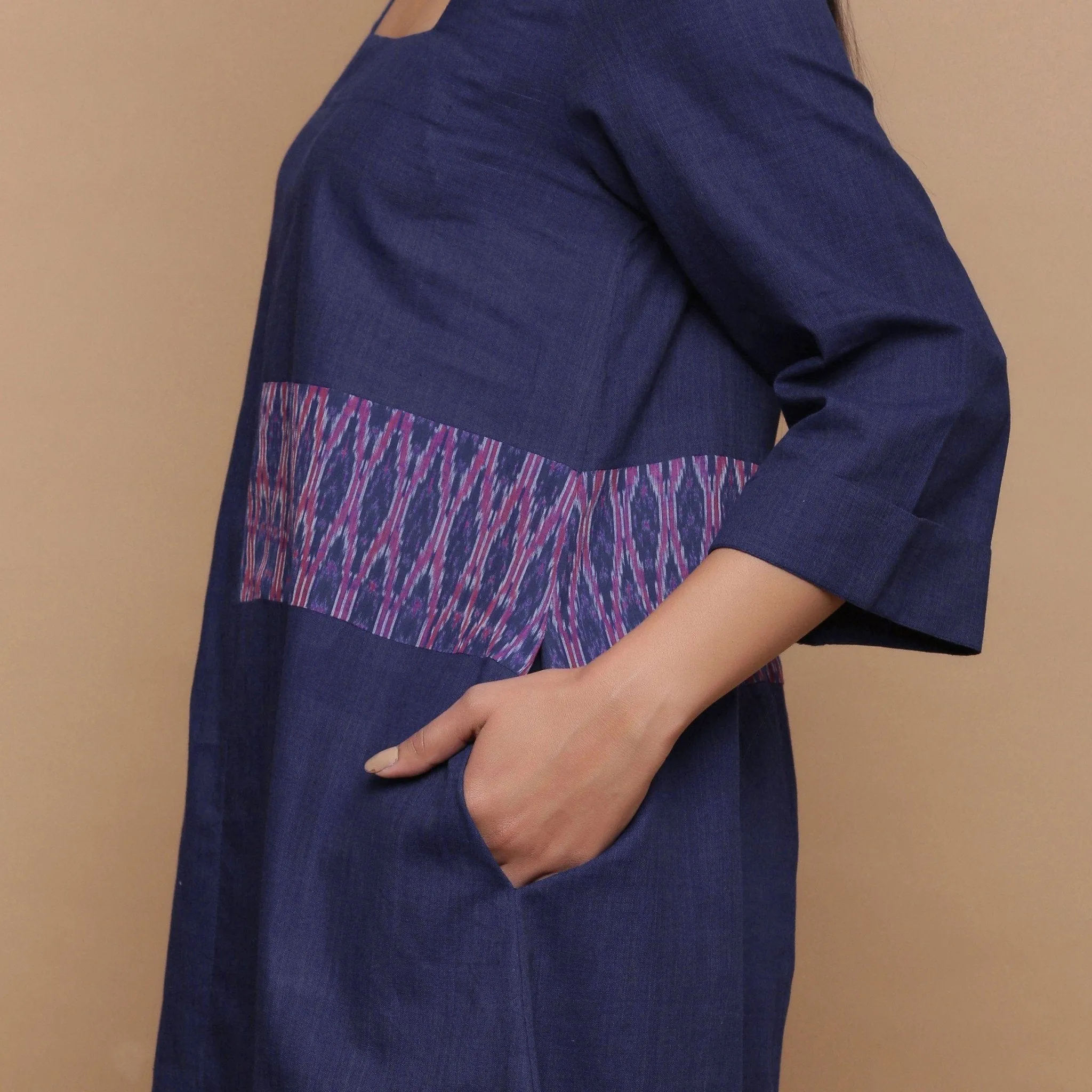 Paneled Ikat Navy Blue Cotton Muslin Midi Paneled Dress