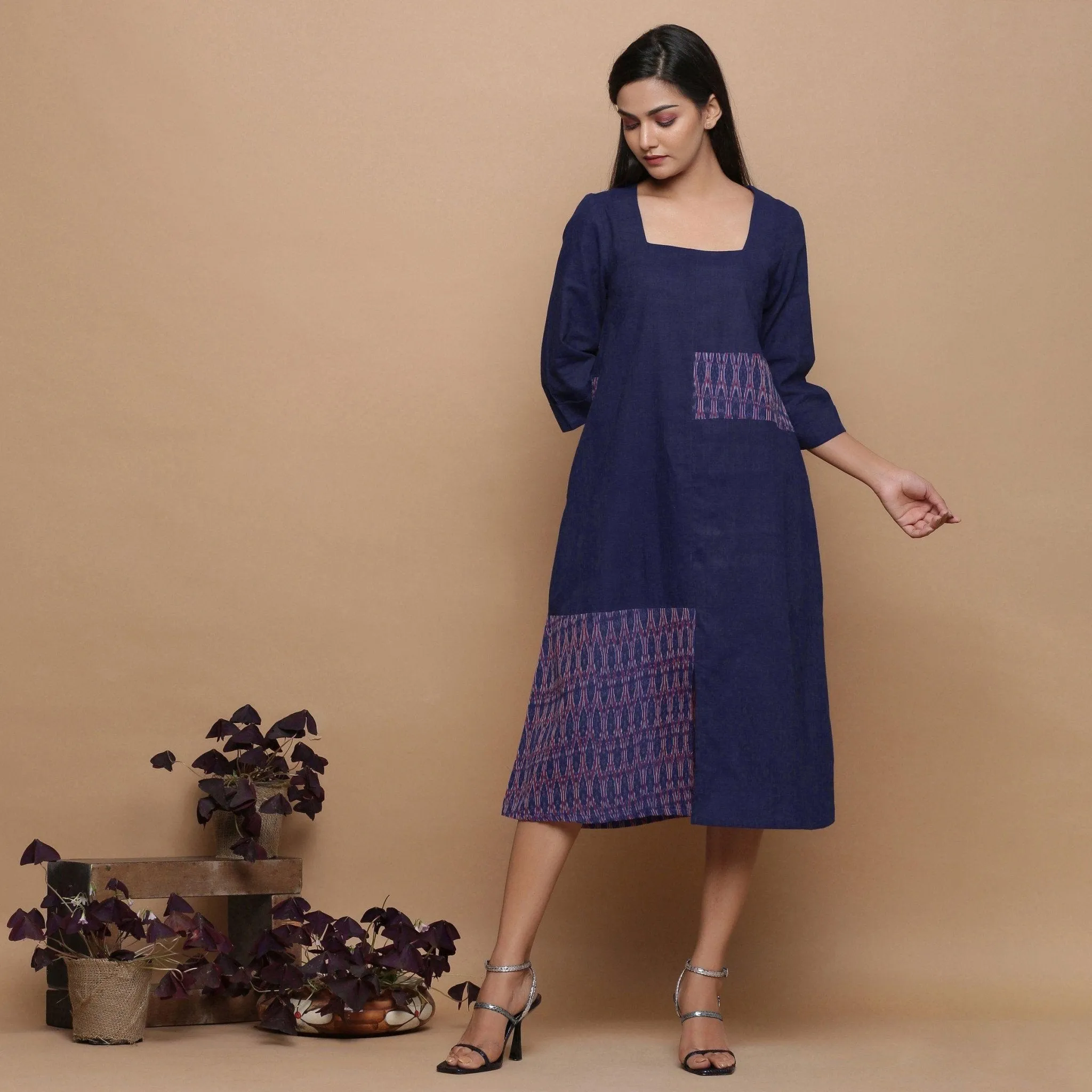 Paneled Ikat Navy Blue Cotton Muslin Midi Paneled Dress