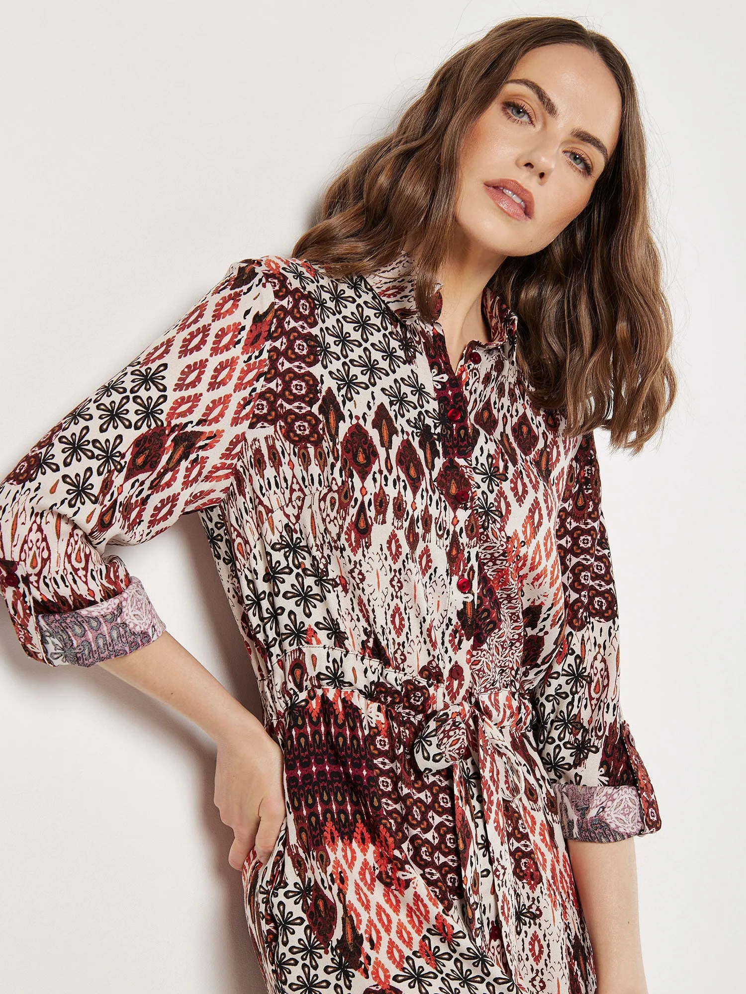 Patchwork Ikat Shirt Dress | Apricot - Clearance