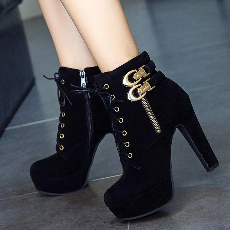 Platform Zipper Suede Lace UP Ankle Boots