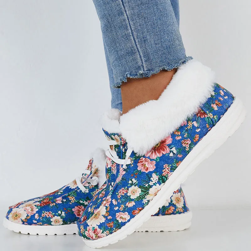 Plush Floral Print Warm Flats Fur Lining Ankle Snow Boots