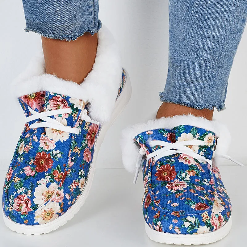 Plush Floral Print Warm Flats Fur Lining Ankle Snow Boots