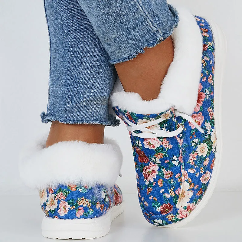 Plush Floral Print Warm Flats Fur Lining Ankle Snow Boots