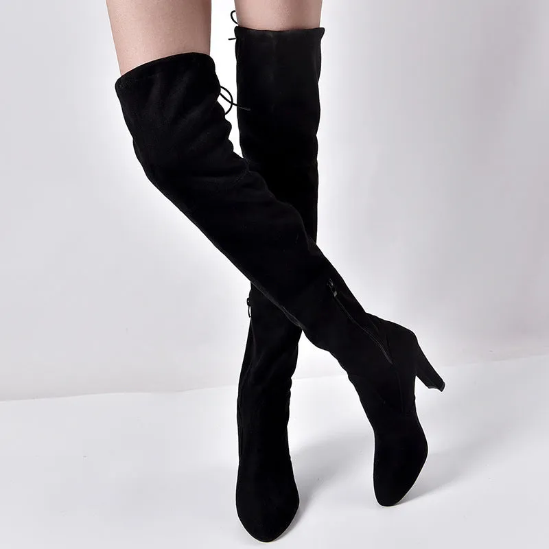 Pointed Thick Heel Knee Stretch Boots