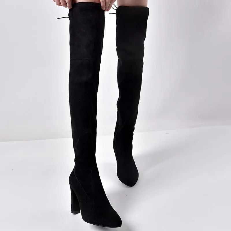 Pointed Thick Heel Knee Stretch Boots