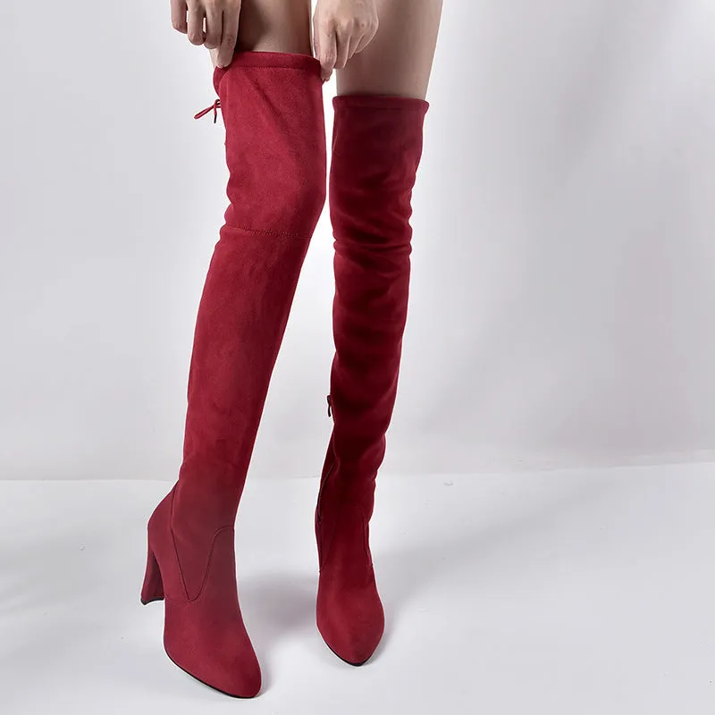Pointed Thick Heel Knee Stretch Boots