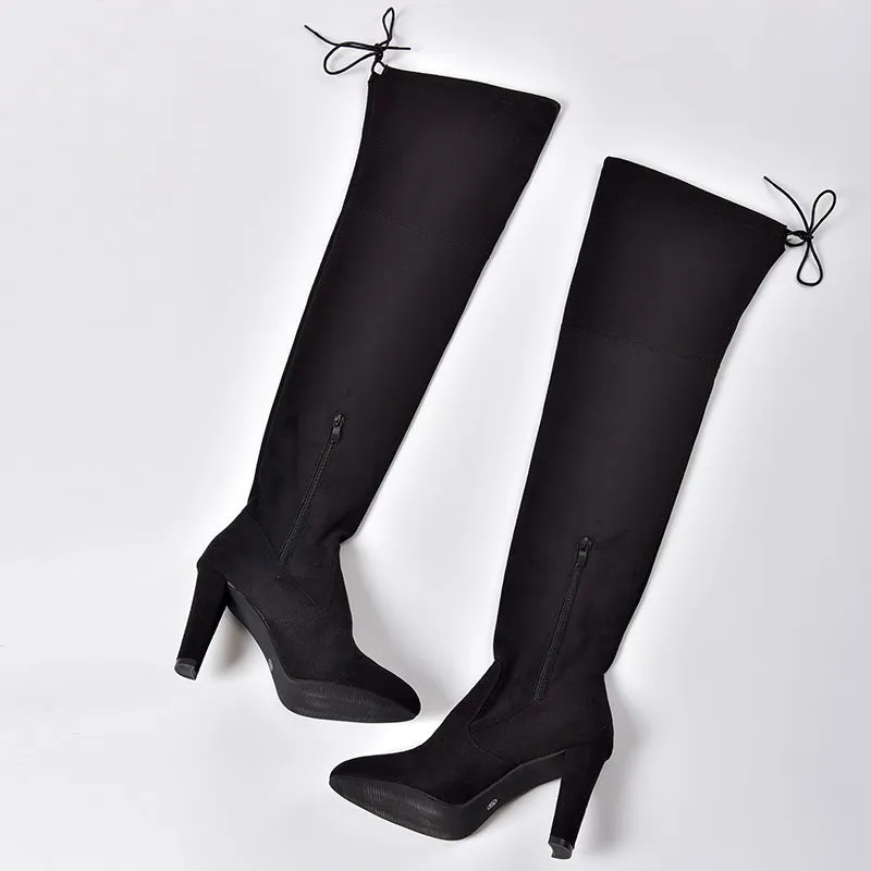 Pointed Thick Heel Knee Stretch Boots