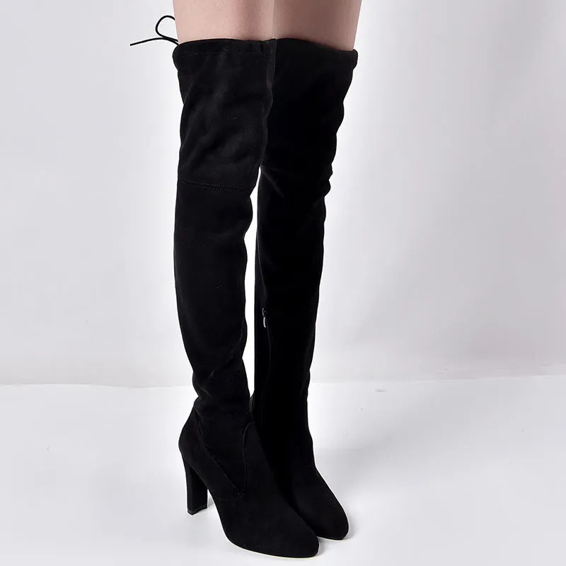 Pointed Thick Heel Knee Stretch Boots