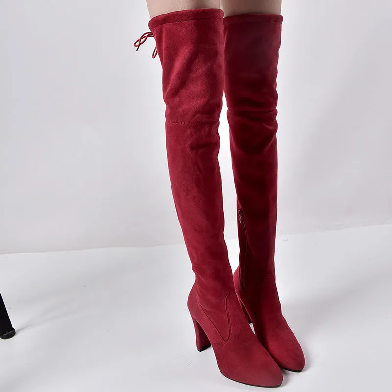 Pointed Thick Heel Knee Stretch Boots