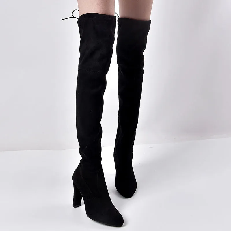 Pointed Thick Heel Knee Stretch Boots