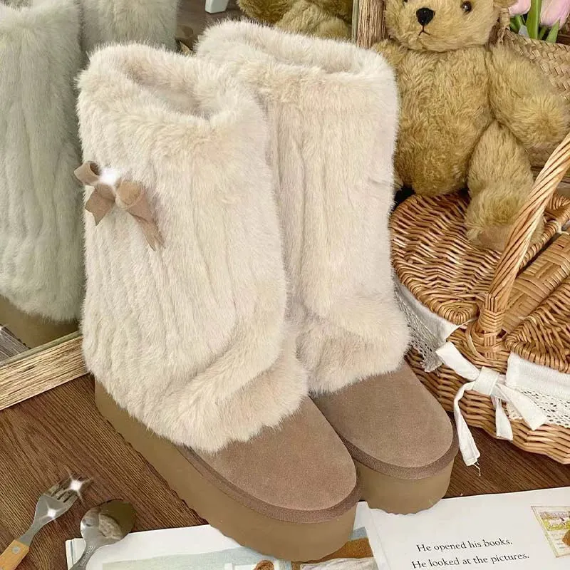 Pure Tea For Dream~Winter Love Song~Winter Lolita Mid-Calf Boots Plush Snow Boots Thick Sole
