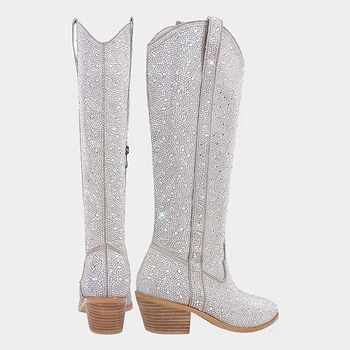 Rhinestone Knee High Sequin Silver Cowboy Boots