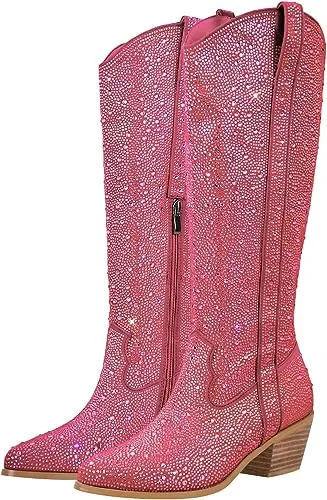 Rhinestone Knee High Sequin Silver Cowboy Boots