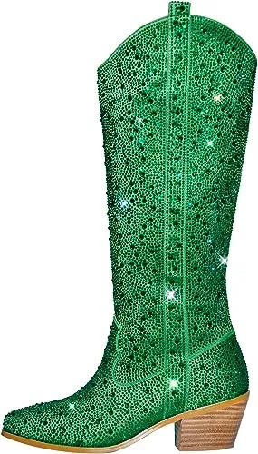 Rhinestone Knee High Sequin Silver Cowboy Boots