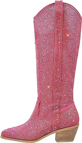 Rhinestone Knee High Sequin Silver Cowboy Boots