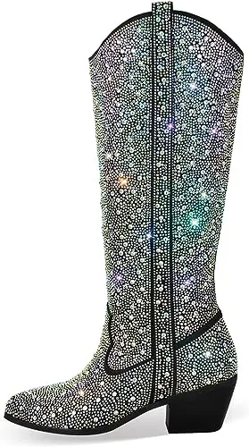 Rhinestone Knee High Sequin Silver Cowboy Boots