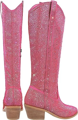 Rhinestone Knee High Sequin Silver Cowboy Boots