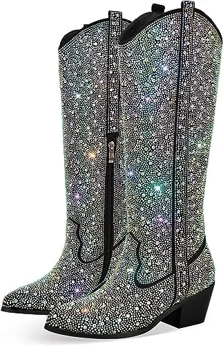 Rhinestone Knee High Sequin Silver Cowboy Boots