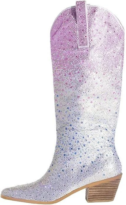 Rhinestone Knee High Sequin Silver Cowboy Boots