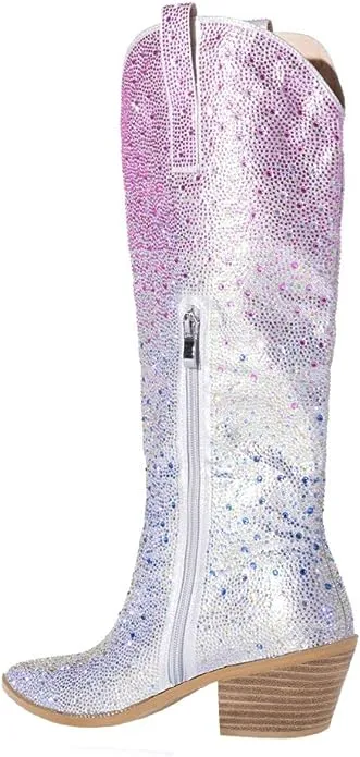 Rhinestone Knee High Sequin Silver Cowboy Boots