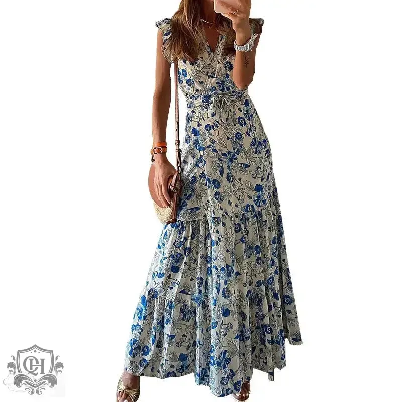Ruffled Short Sleeve Floral Maxi Dress