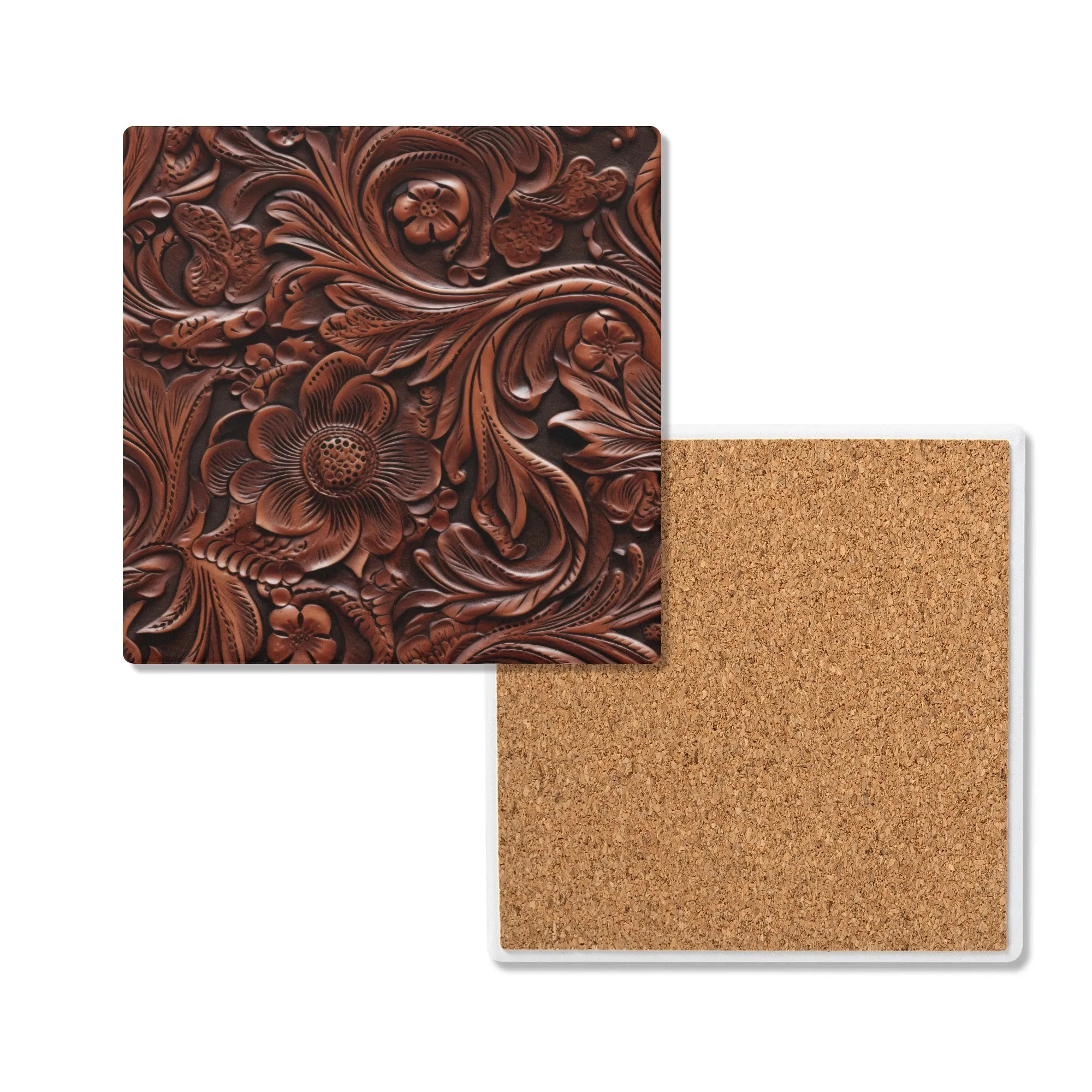 Rustic Tooled Deep Brown Leather Flowers with Leaf Accents Print Design Square Ceramic Coasters - Set of 4