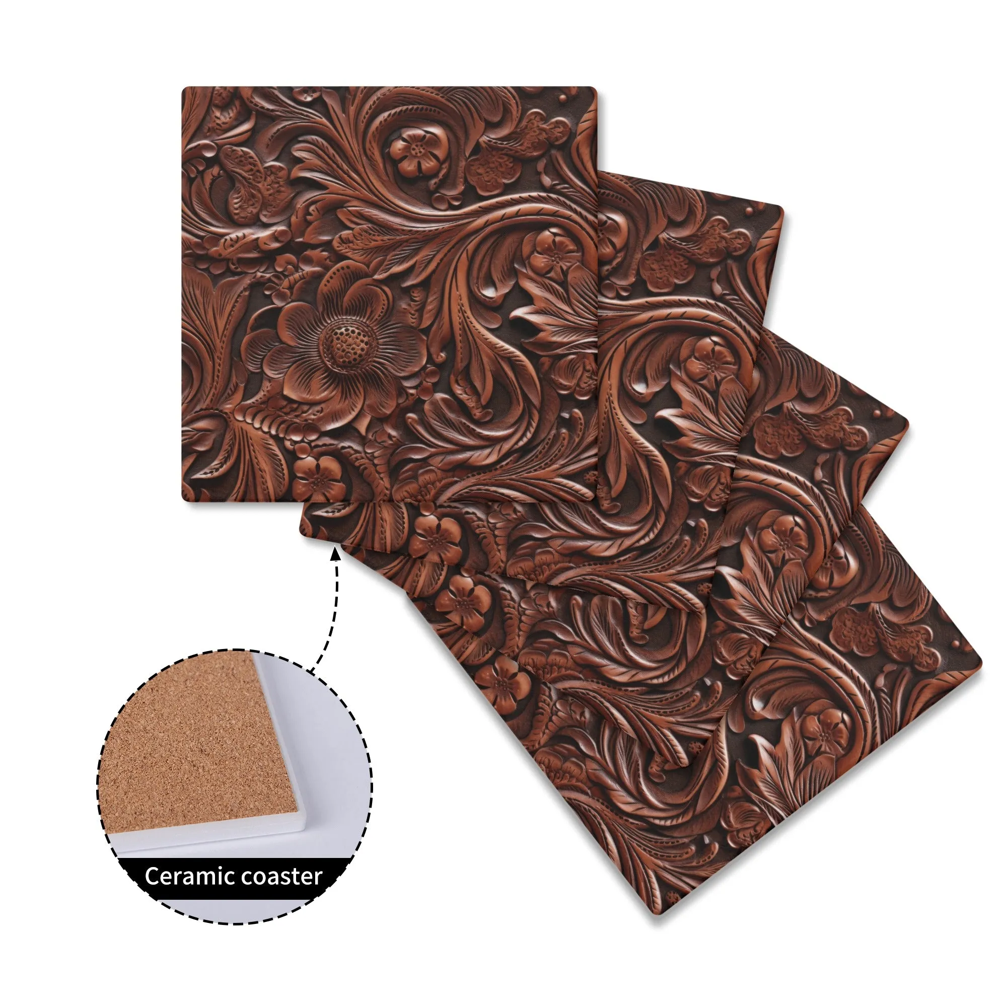 Rustic Tooled Deep Brown Leather Flowers with Leaf Accents Print Design Square Ceramic Coasters - Set of 4